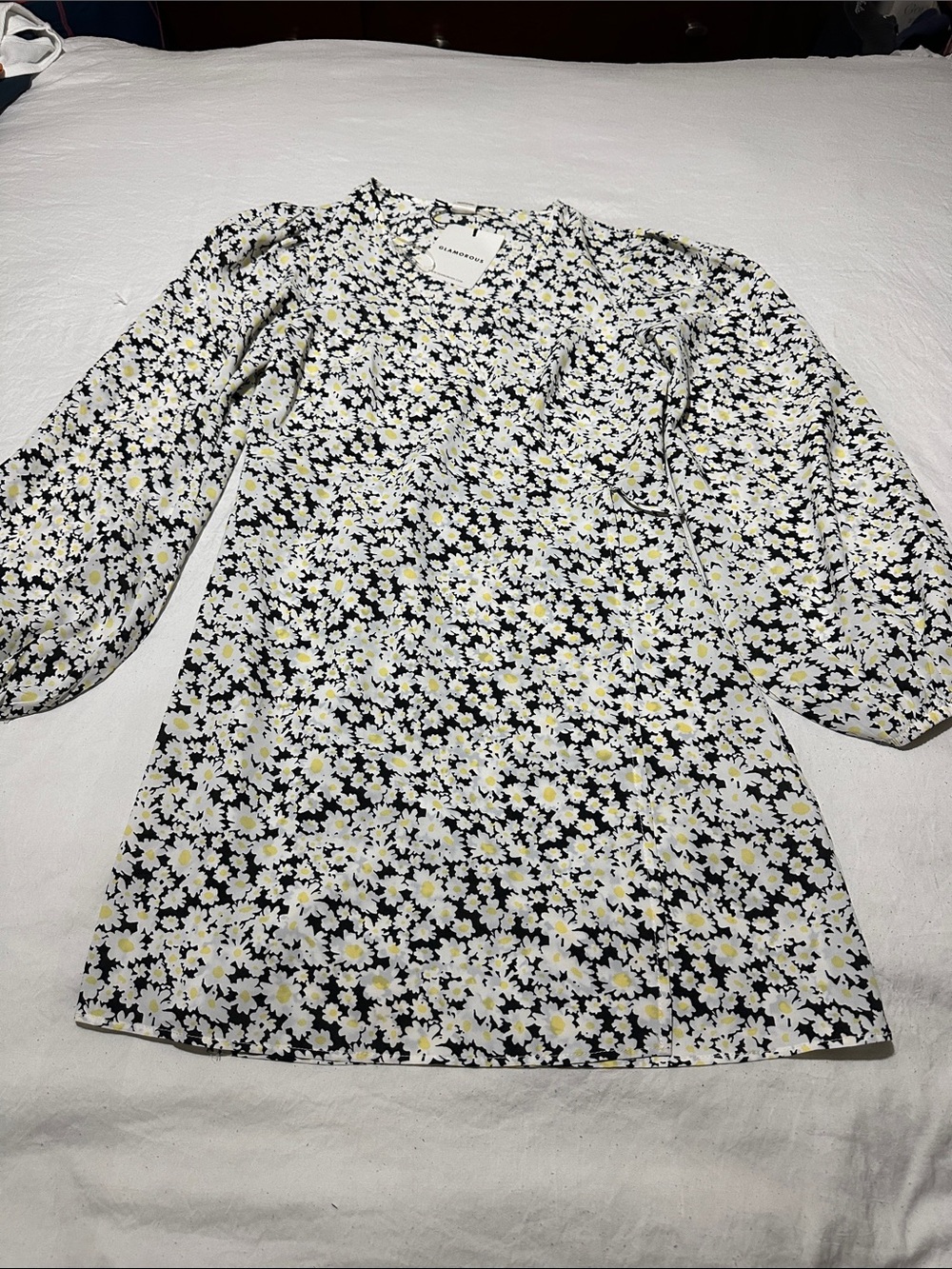 Glamorous Black and White Floral Long Sleeve Dress with Yellow Accents